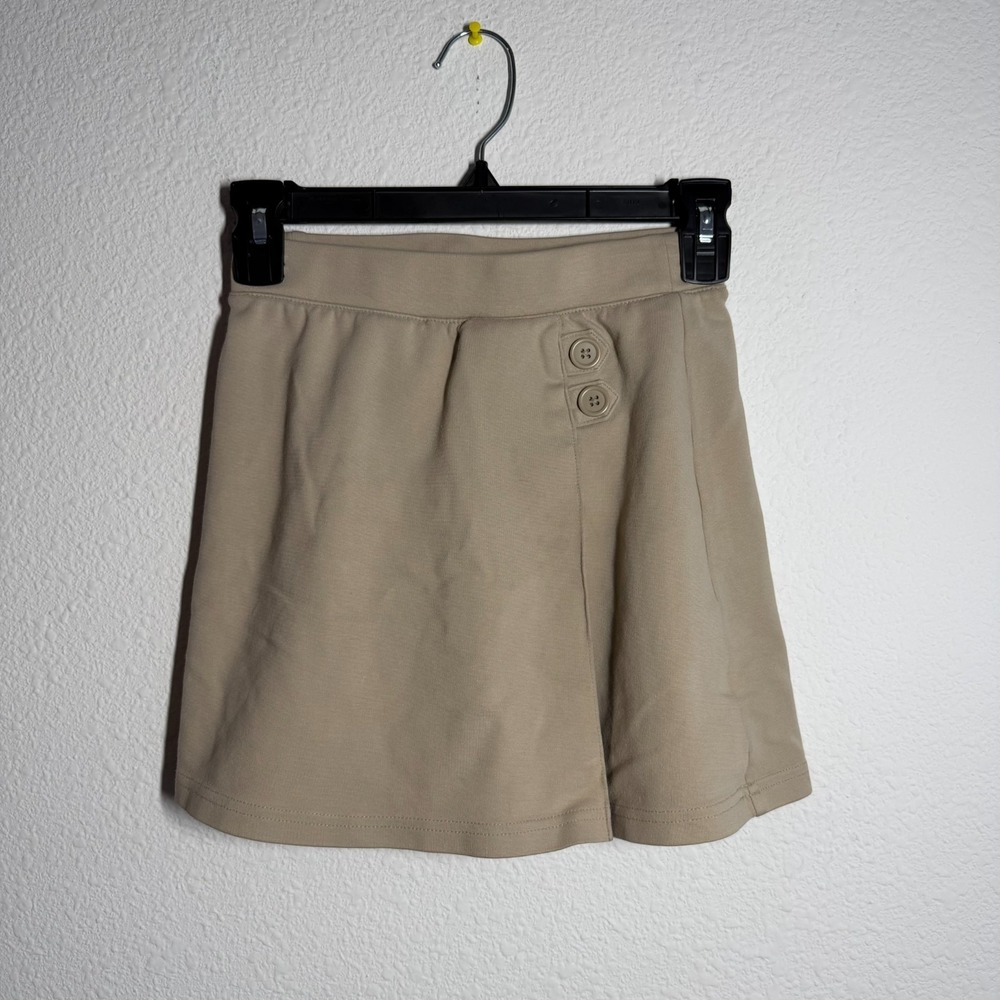 Girls A‎ Line Mini Uniform Skirt Khaki Twill Elastic Waist Front Slit Casual
